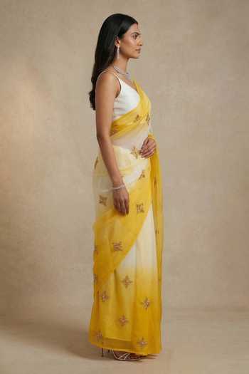Buy Ellemora Fashions White Organza V-neck Sunlit Whisper Ombre Saree Set Online at Aza Fashions Buy_Ellemora Fashions_White Organza V-neck Sunlit Whisper Ombre Saree Set _Online_at_Aza_Fashions