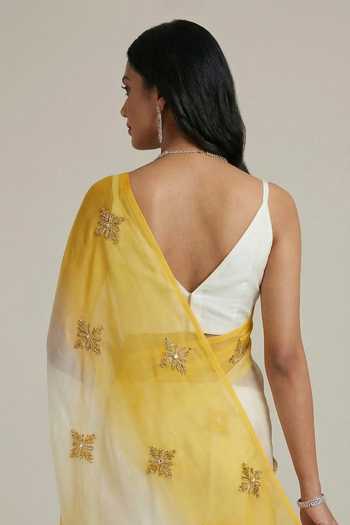 Shop Ellemora Fashions White Organza V-neck Sunlit Whisper Ombre Saree Set Online at Aza Fashions Shop_Ellemora Fashions_White Organza V-neck Sunlit Whisper Ombre Saree Set _Online_at_Aza_Fashions