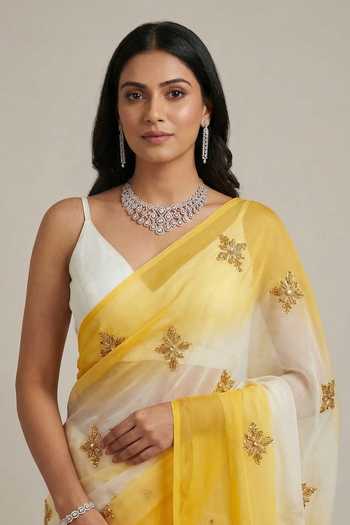 Ellemora Fashions White Organza V-neck Sunlit Whisper Ombre Saree Set at Aza Fashions Ellemora Fashions_White Organza V-neck Sunlit Whisper Ombre Saree Set _at_Aza_Fashions