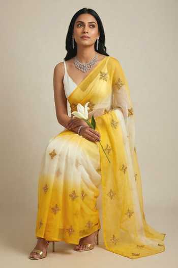 Buy Ellemora Fashions White Organza V-neck Sunlit Whisper Ombre Saree Set Buy_Ellemora Fashions_White Organza V-neck Sunlit Whisper Ombre Saree Set