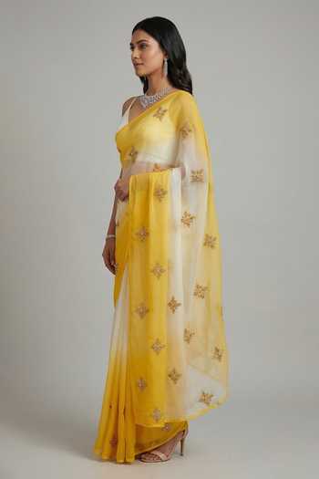 Shop Ellemora Fashions White Organza V-neck Sunlit Whisper Ombre Saree Set Shop_Ellemora Fashions_White Organza V-neck Sunlit Whisper Ombre Saree Set