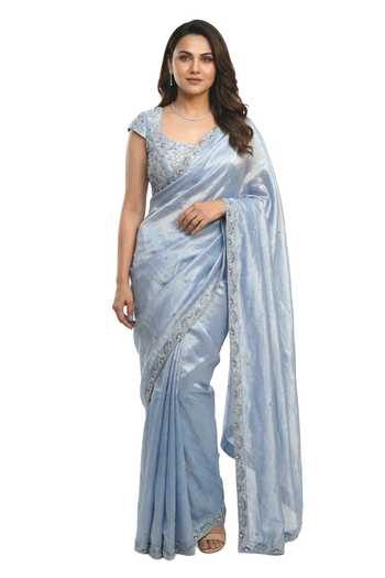Ellemora Fashions Icy Flora Shimmer Tissue Saree Set 