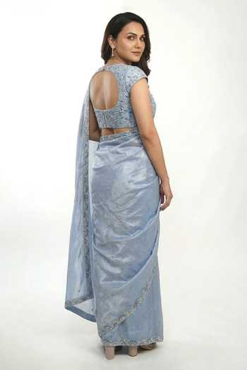Ellemora Fashions Icy Flora Shimmer Tissue Saree Set 