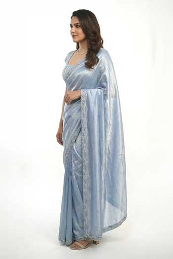 Shop_Ellemora Fashions_Blue Tissue Scoop Neck Icy Flora Shimmer Saree Set _Online_at_Aza_Fashions