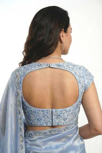 Ellemora Fashions_Blue Tissue Scoop Neck Icy Flora Shimmer Saree Set _at_Aza_Fashions