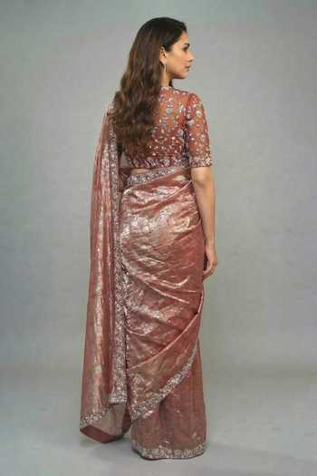 Shop Ellemora Fashions Brown Net, Tissue Round Neck Vintage Glace Shimmer Saree Set Online at Aza Fashions Shop_Ellemora Fashions_Brown Net, Tissue Round Neck Vintage Glace Shimmer Saree Set _Online_at_Aza_Fashions