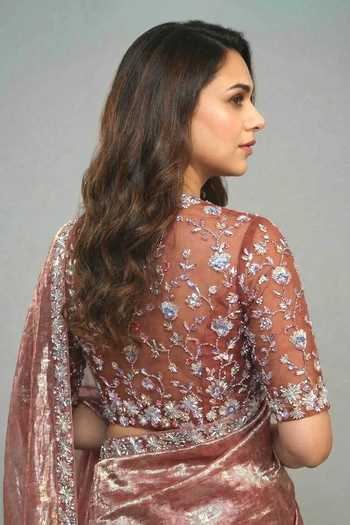 Shop Ellemora Fashions Brown Net, Tissue Round Neck Vintage Glace Shimmer Saree Set Shop_Ellemora Fashions_Brown Net, Tissue Round Neck Vintage Glace Shimmer Saree Set