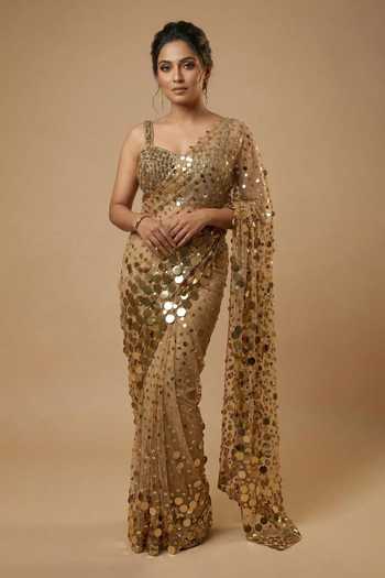 Ellemora Fashions Golden Glitz Sequined Saree & Blouse Set 