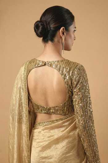 Ellemora Fashions Gold Net, Tissue Scoop Neck Mist Saree Set at Aza Fashions Ellemora Fashions_Gold Net, Tissue Scoop Neck Mist Saree Set _at_Aza_Fashions