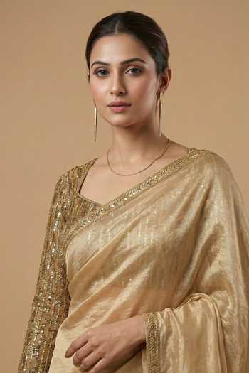 Shop Ellemora Fashions Gold Net, Tissue Scoop Neck Mist Saree Set Shop_Ellemora Fashions_Gold Net, Tissue Scoop Neck Mist Saree Set