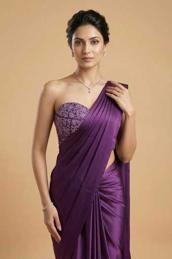 Buy Ellemora Fashions Purple Satin, Net Sweetheart Neck Twilight Pre-draped Saree And Blouse Set Online at Aza Fashions Buy_Ellemora Fashions_Purple Satin, Net Sweetheart Neck Twilight Pre-draped Saree And Blouse Set _Online_at_Aza_Fashions