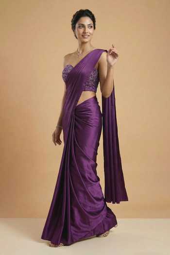 Shop Ellemora Fashions Purple Satin, Net Sweetheart Neck Twilight Pre-draped Saree And Blouse Set Online at Aza Fashions Shop_Ellemora Fashions_Purple Satin, Net Sweetheart Neck Twilight Pre-draped Saree And Blouse Set _Online_at_Aza_Fashions