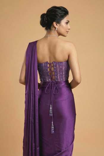 Ellemora Fashions Purple Satin, Net Sweetheart Neck Twilight Pre-draped Saree And Blouse Set at Aza Fashions Ellemora Fashions_Purple Satin, Net Sweetheart Neck Twilight Pre-draped Saree And Blouse Set _at_Aza_Fashions