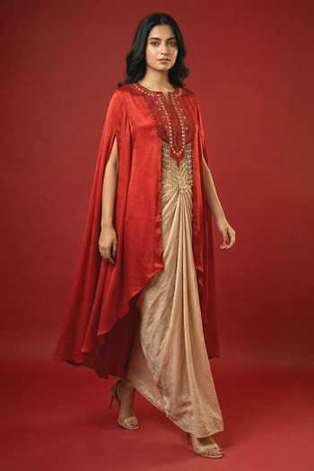 Buy_Ellemora Fashions_Red Crepe Notched Neck Crimson High Low Cape Skirt Set _Online_at_Aza_Fashions