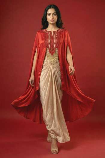 Shop_Ellemora Fashions_Red Crepe Notched Neck Crimson High Low Cape Skirt Set _Online_at_Aza_Fashions