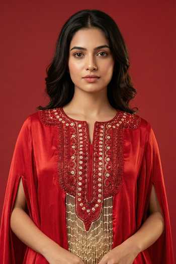 Ellemora Fashions_Red Crepe Notched Neck Crimson High Low Cape Skirt Set _at_Aza_Fashions
