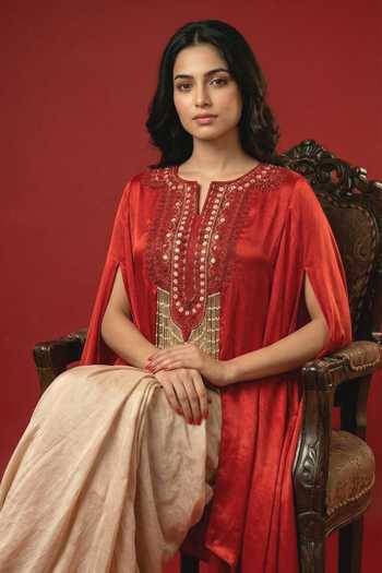 Buy_Ellemora Fashions_Red Crepe Notched Neck Crimson High Low Cape Skirt Set 