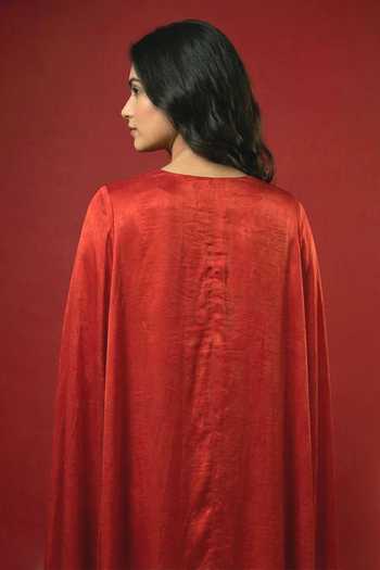 Shop_Ellemora Fashions_Red Crepe Notched Neck Crimson High Low Cape Skirt Set 