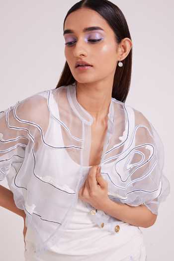 Buy MADDER MUCH Ivory Denim, Silk Organza Picabo Lite Short Dress With Misty Bolero Jacket Buy_MADDER MUCH_Ivory Denim, Silk Organza Picabo Lite Short Dress With Misty Bolero Jacket