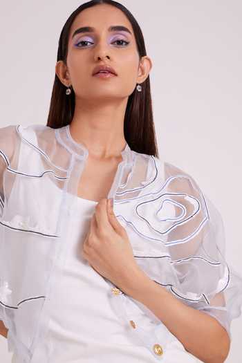 Shop MADDER MUCH Ivory Denim, Silk Organza Picabo Lite Short Dress With Misty Bolero Jacket Shop_MADDER MUCH_Ivory Denim, Silk Organza Picabo Lite Short Dress With Misty Bolero Jacket