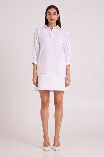 MADDER MUCH Ivory Cotton, Poplin, Denim Collared Neck, Apollo Sunlit Tide Dress With Bib Online at Aza Fashions MADDER MUCH_Ivory Cotton, Poplin, Denim Collared Neck, Apollo Sunlit Tide Dress With Bib _Online_at_Aza_Fashions