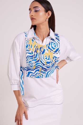 Shop MADDER MUCH Ivory Cotton, Poplin, Denim Collared Neck, Apollo Sunlit Tide Dress With Bib Online at Aza Fashions Shop_MADDER MUCH_Ivory Cotton, Poplin, Denim Collared Neck, Apollo Sunlit Tide Dress With Bib _Online_at_Aza_Fashions