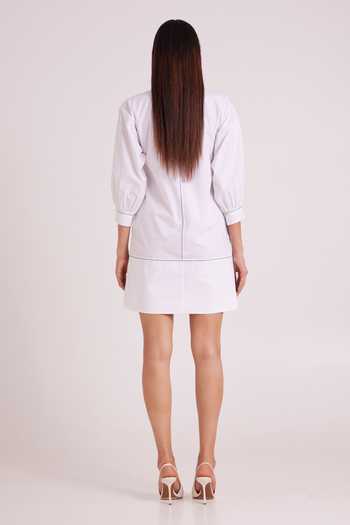 Buy MADDER MUCH Ivory Cotton, Poplin, Denim Collared Neck, Apollo Sunlit Tide Dress With Bib Buy_MADDER MUCH_Ivory Cotton, Poplin, Denim Collared Neck, Apollo Sunlit Tide Dress With Bib