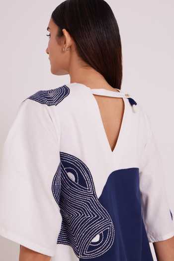 MADDER MUCH_Blue Handloom Cotton Keyhole Neck Chandra Embroidered Full Moon Dress _at_Aza_Fashions