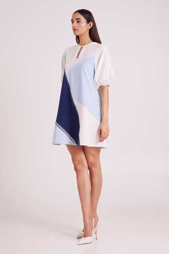 Buy_MADDER MUCH_Blue Handloom Cotton Keyhole Neck Juno Segmented Tide Short Dress _Online_at_Aza_Fashions