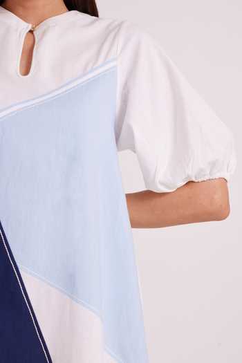 Shop_MADDER MUCH_Blue Handloom Cotton Keyhole Neck Juno Segmented Tide Short Dress _Online_at_Aza_Fashions