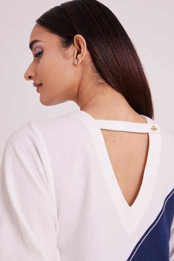 MADDER MUCH_Blue Handloom Cotton Keyhole Neck Juno Segmented Tide Short Dress _at_Aza_Fashions