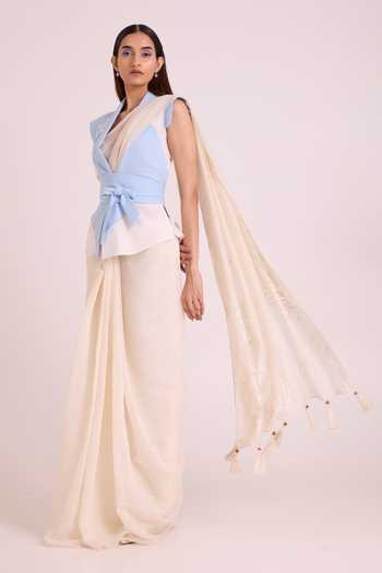 Buy MADDER MUCH Ivory Chanderi Silk, Handloom Cotton Zarya Embroidered Saree With Wrapped Vest Online at Aza Fashions Buy_MADDER MUCH_Ivory Chanderi Silk, Handloom Cotton Zarya Embroidered Saree With Wrapped Vest _Online_at_Aza_Fashions