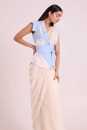 Shop MADDER MUCH Ivory Chanderi Silk, Handloom Cotton Zarya Embroidered Saree With Wrapped Vest Online at Aza Fashions Shop_MADDER MUCH_Ivory Chanderi Silk, Handloom Cotton Zarya Embroidered Saree With Wrapped Vest _Online_at_Aza_Fashions