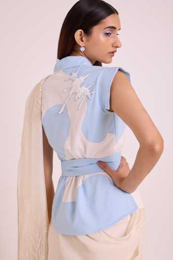 MADDER MUCH Ivory Chanderi Silk, Handloom Cotton Zarya Embroidered Saree With Wrapped Vest at Aza Fashions MADDER MUCH_Ivory Chanderi Silk, Handloom Cotton Zarya Embroidered Saree With Wrapped Vest _at_Aza_Fashions