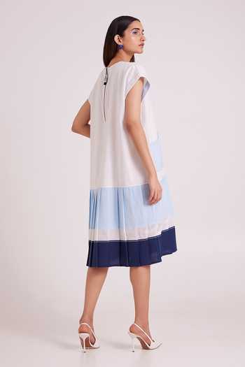 Shop MADDER MUCH White Handloom Cotton Round Neck Mitzi Pleated Dress Online at Aza Fashions Shop_MADDER MUCH_White Handloom Cotton Round Neck Mitzi Pleated Dress _Online_at_Aza_Fashions