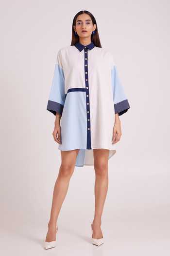 MADDER MUCH Blue Handloom Cotton Collared Neck Brisa Surfers Shirt Dress at Aza Fashions MADDER MUCH_Blue Handloom Cotton Collared Neck Brisa Surfers Shirt Dress _at_Aza_Fashions