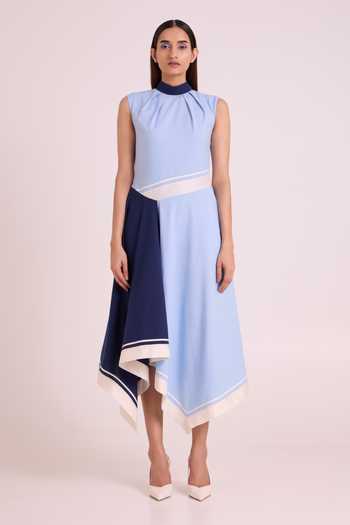 Shop_MADDER MUCH_Blue Handloom Cotton High Neck Raasa Tango Long Dress _Online_at_Aza_Fashions