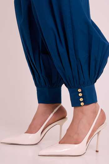 MADDER MUCH Blue Handloom Cotton, Poplin Asymmetric Neck Shelly Panelled Top And Pant Set Online at Aza Fashions MADDER MUCH_Blue Handloom Cotton, Poplin Asymmetric Neck Shelly Panelled Top And Pant Set _Online_at_Aza_Fashions