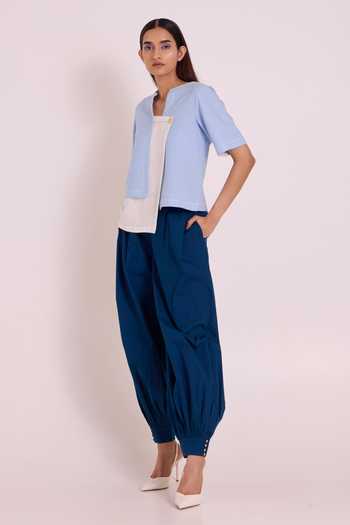 Buy MADDER MUCH Blue Handloom Cotton, Poplin Asymmetric Neck Shelly Panelled Top And Pant Set Online at Aza Fashions Buy_MADDER MUCH_Blue Handloom Cotton, Poplin Asymmetric Neck Shelly Panelled Top And Pant Set _Online_at_Aza_Fashions