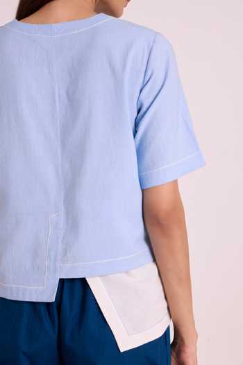 Shop MADDER MUCH Blue Handloom Cotton, Poplin Asymmetric Neck Shelly Panelled Top And Pant Set Online at Aza Fashions Shop_MADDER MUCH_Blue Handloom Cotton, Poplin Asymmetric Neck Shelly Panelled Top And Pant Set _Online_at_Aza_Fashions