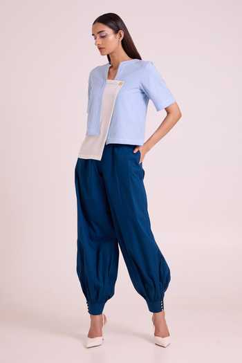 Shop MADDER MUCH Blue Handloom Cotton, Poplin Asymmetric Neck Shelly Panelled Top And Pant Set Shop_MADDER MUCH_Blue Handloom Cotton, Poplin Asymmetric Neck Shelly Panelled Top And Pant Set