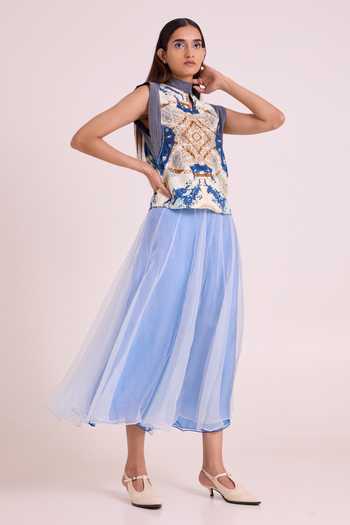 MADDER MUCH Blue Denim, Organza Choker Neck Niloy Drift Away Draped Skirt With Square Top Online at Aza Fashions MADDER MUCH_Blue Denim, Organza Choker Neck Niloy Drift Away Draped Skirt With Square Top _Online_at_Aza_Fashions