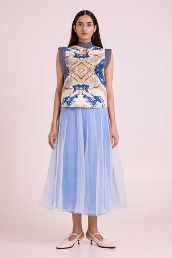 Buy MADDER MUCH Blue Denim, Organza Choker Neck Niloy Drift Away Draped Skirt With Square Top Online at Aza Fashions Buy_MADDER MUCH_Blue Denim, Organza Choker Neck Niloy Drift Away Draped Skirt With Square Top _Online_at_Aza_Fashions
