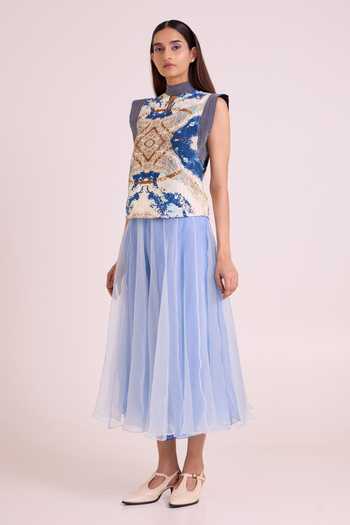 Shop MADDER MUCH Blue Denim, Organza Choker Neck Niloy Drift Away Draped Skirt With Square Top Online at Aza Fashions Shop_MADDER MUCH_Blue Denim, Organza Choker Neck Niloy Drift Away Draped Skirt With Square Top _Online_at_Aza_Fashions
