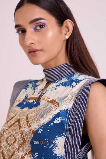 MADDER MUCH Blue Denim, Organza Choker Neck Niloy Drift Away Draped Skirt With Square Top at Aza Fashions MADDER MUCH_Blue Denim, Organza Choker Neck Niloy Drift Away Draped Skirt With Square Top _at_Aza_Fashions