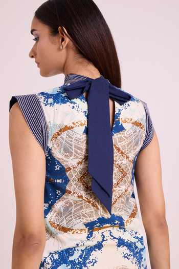 Buy MADDER MUCH Blue Denim, Organza Choker Neck Niloy Drift Away Draped Skirt With Square Top Buy_MADDER MUCH_Blue Denim, Organza Choker Neck Niloy Drift Away Draped Skirt With Square Top