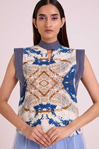 Shop MADDER MUCH Blue Denim, Organza Choker Neck Niloy Drift Away Draped Skirt With Square Top Shop_MADDER MUCH_Blue Denim, Organza Choker Neck Niloy Drift Away Draped Skirt With Square Top