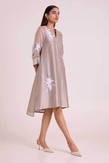 MADDER MUCH_Grey Chanderi Silk Notched Neck Gracie Graphite And Fern Dress _Online_at_Aza_Fashions