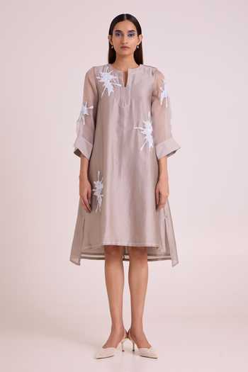 Buy_MADDER MUCH_Grey Chanderi Silk Notched Neck Gracie Graphite And Fern Dress _Online_at_Aza_Fashions