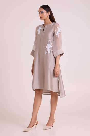 Shop_MADDER MUCH_Grey Chanderi Silk Notched Neck Gracie Graphite And Fern Dress _Online_at_Aza_Fashions